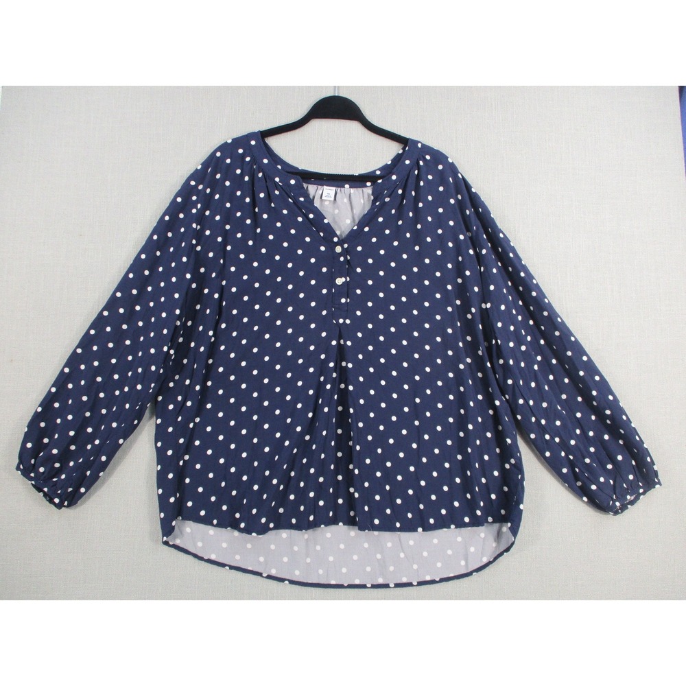 Old‎ Navy Women Navy Blue Polka Dot Long Sleeve Split Neck Blouse Top Plus 2X